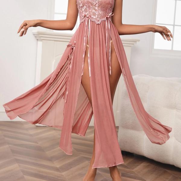 New Dreams Pembe Dantel Şeffaf Gecelik, İnce Askılı Romantik Transparan seksi şık Kadın gece elbisesi
